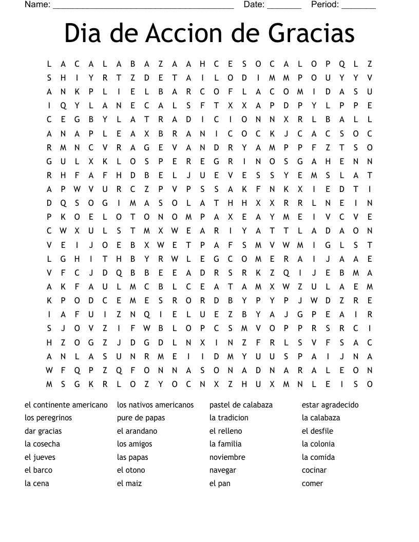 Spanish Thanksgiving Crossword Word Search WordMint