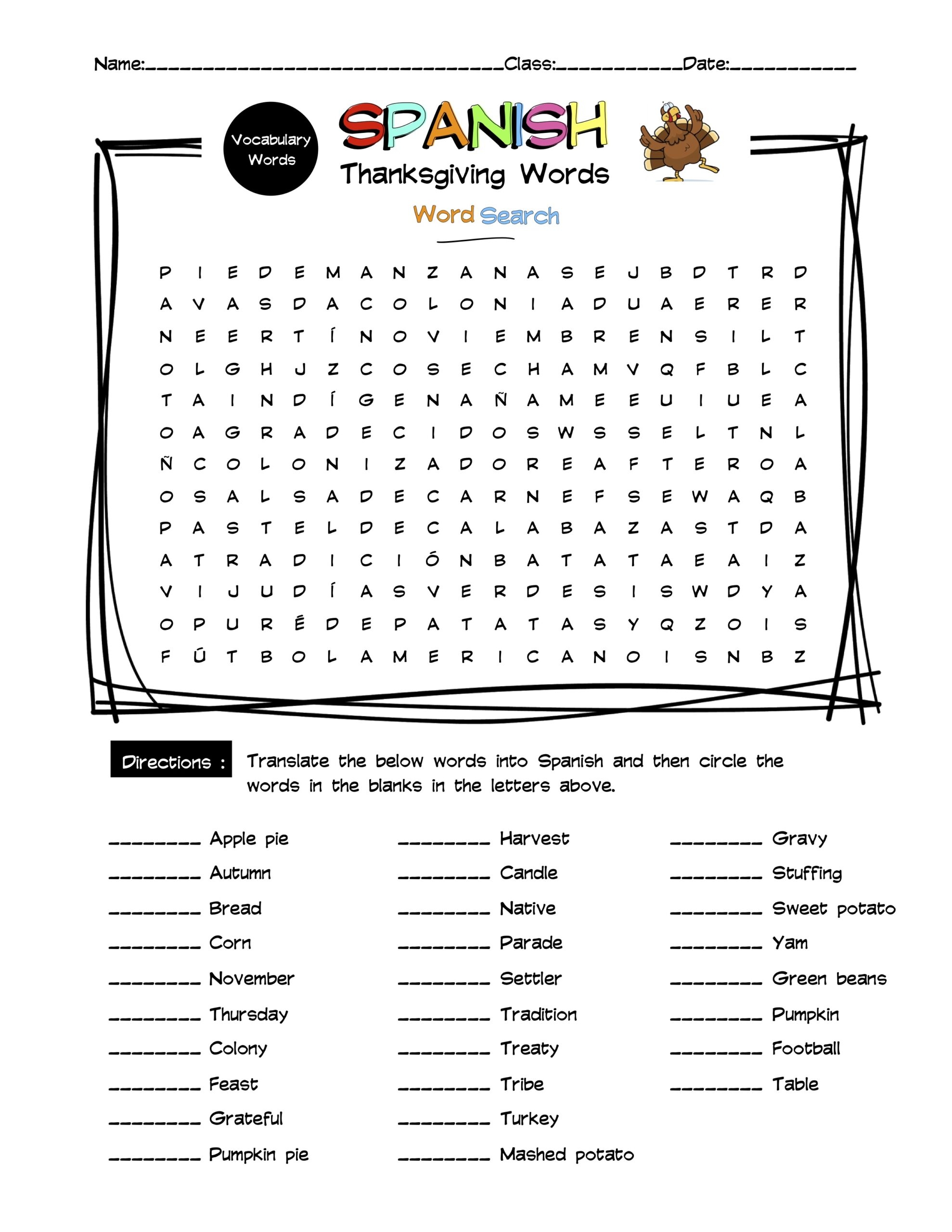Spanish Thanksgiving Vocabulary Word Search U0026 Answer Key Made By Teachers