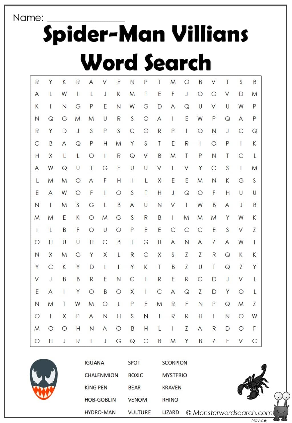 Spider Man Villians Word Search Monster Word Search Spider Man Villians Word Search Monster Word Search