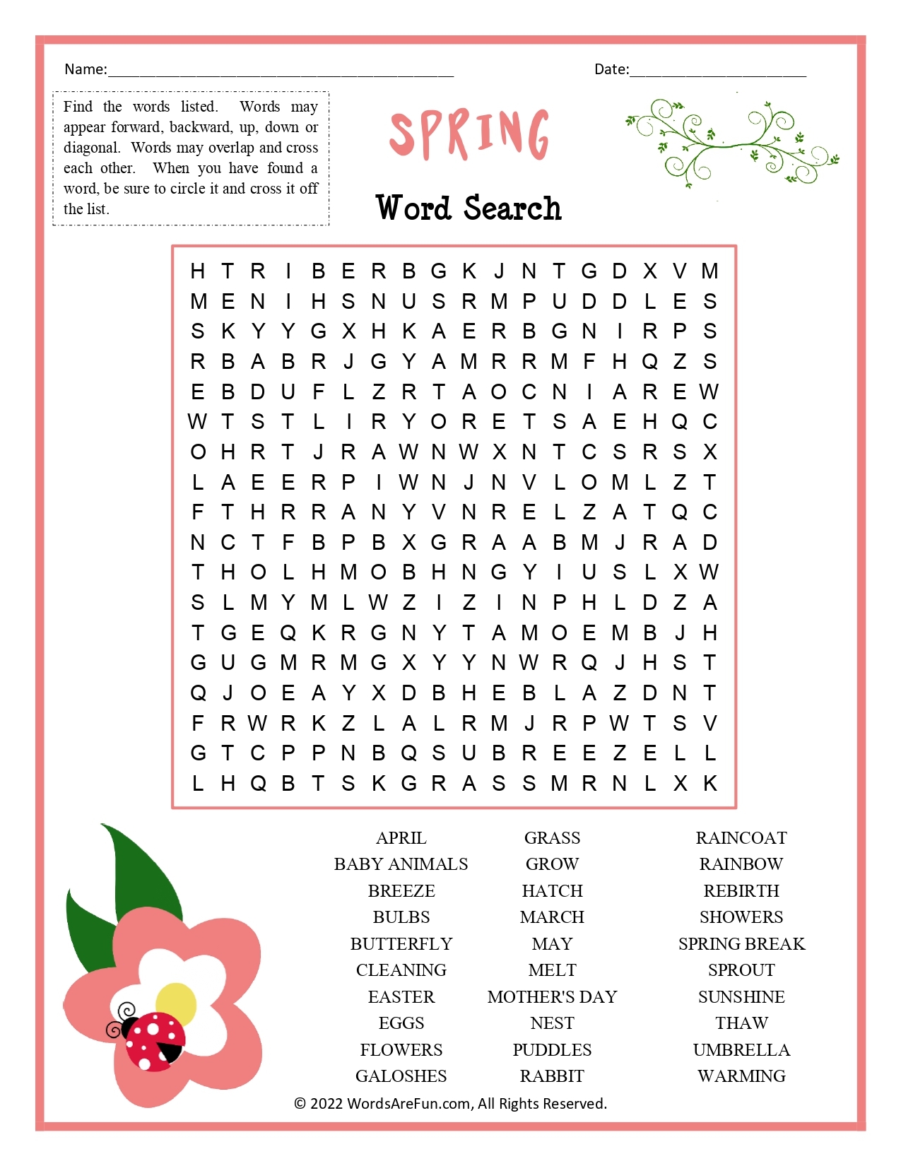 Spring Word Search Puzzle Printable Spring Word Search Puzzle Printable