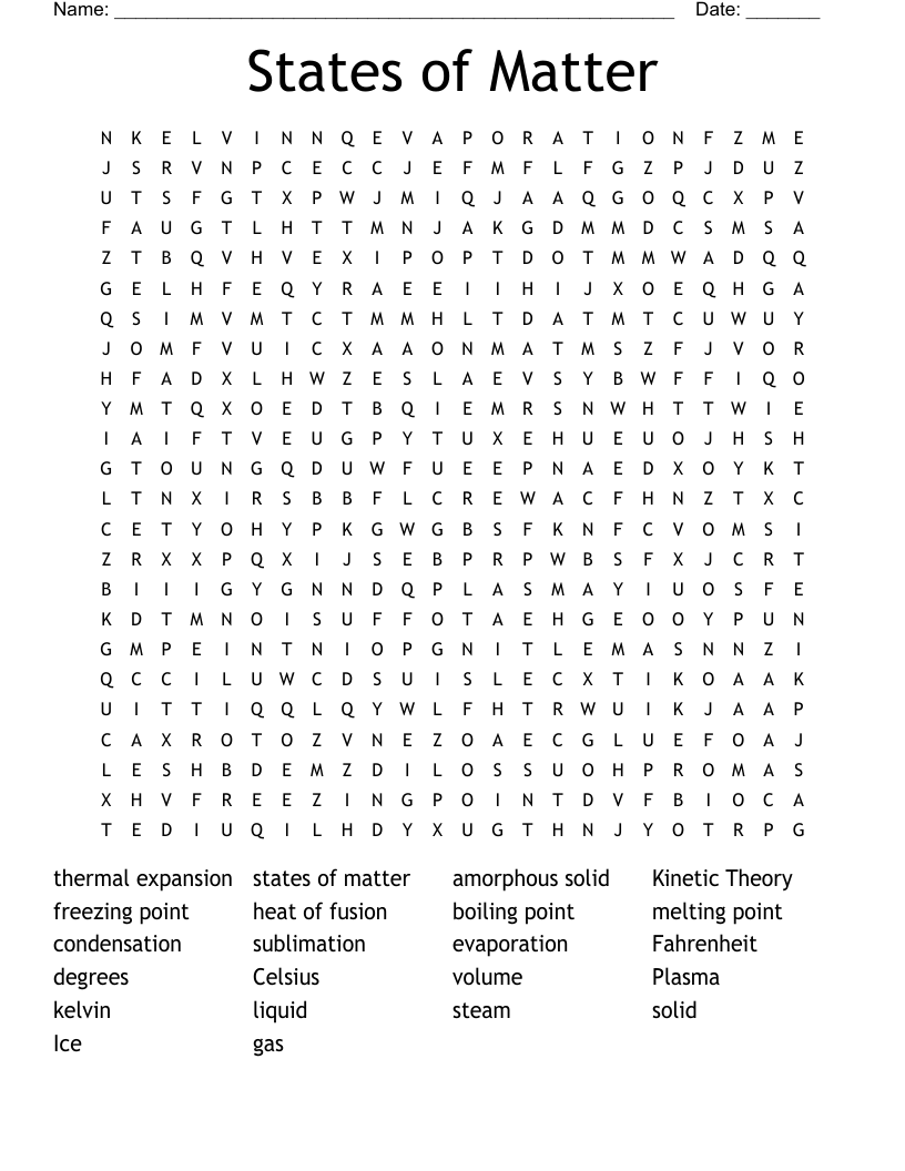 States Of Matter Word Search WordMint
