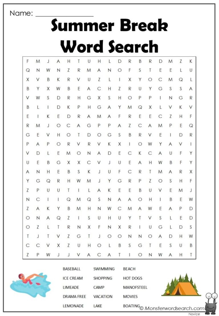 Summer Break Word Search Monster Word Search