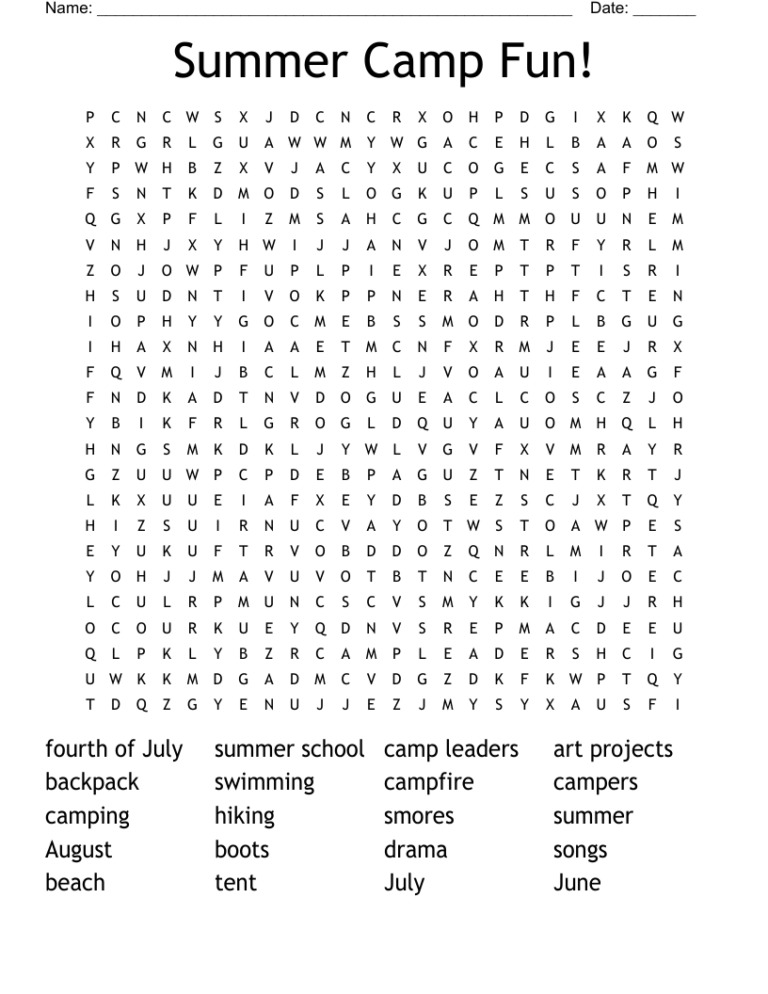 Summer Camp Fun Word Search WordMint