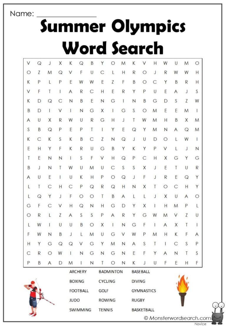 Summer Olympics Word Search Monster Word Search