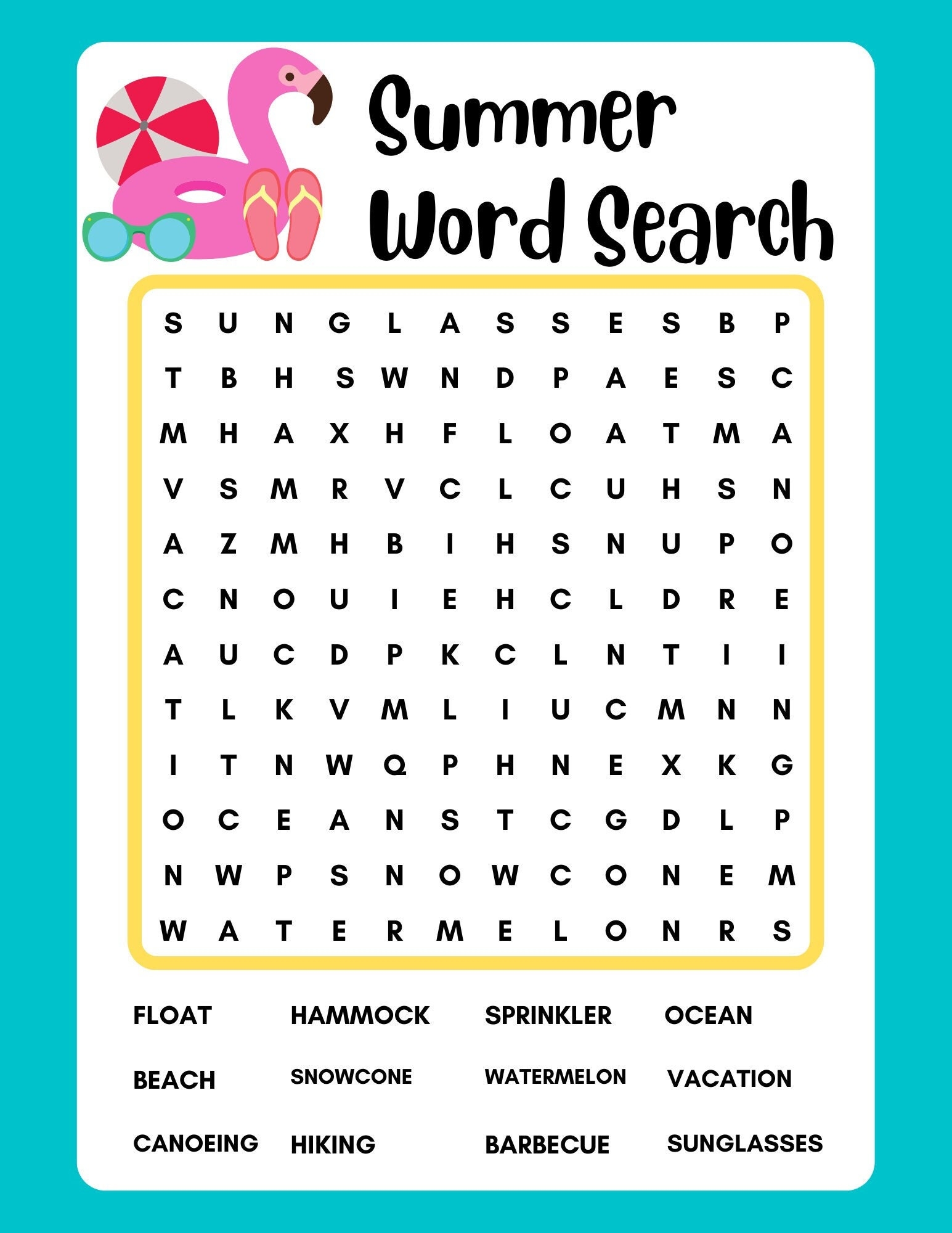 Summer Word Search Printable Instant Download PDF