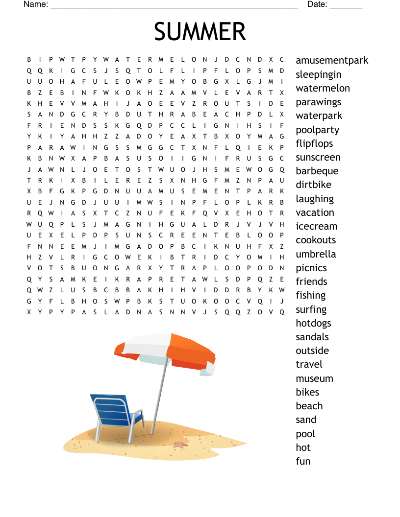 Summer Themed Word Search Printable
