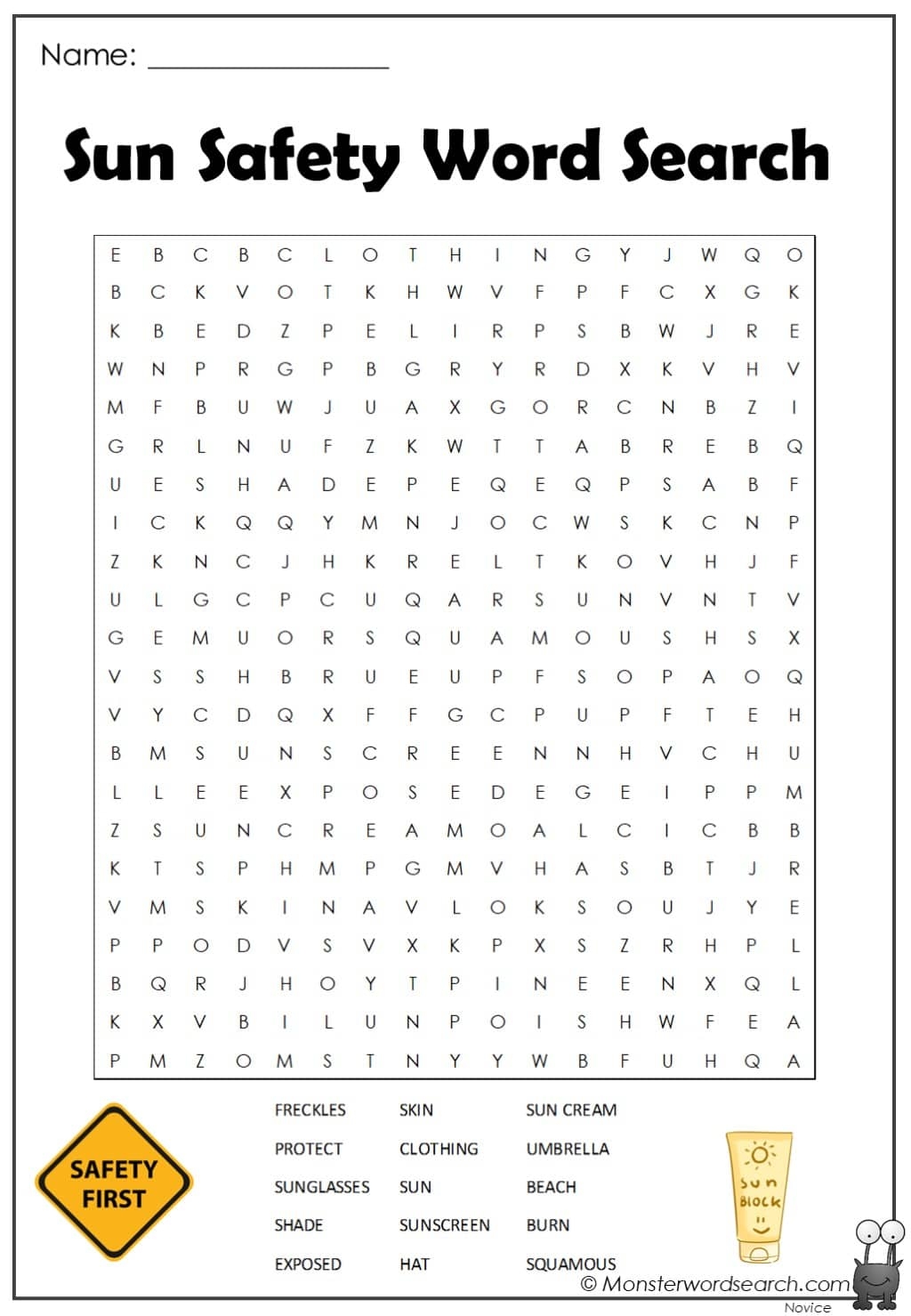 Sun Safety Word Search Monster Word Search Sun Safety Word Search Monster Word Search