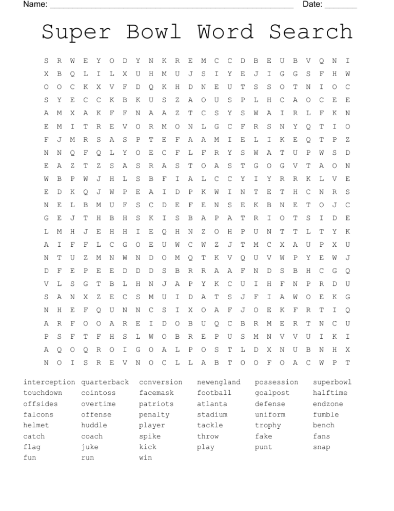 Super Bowl Word Search WordMint