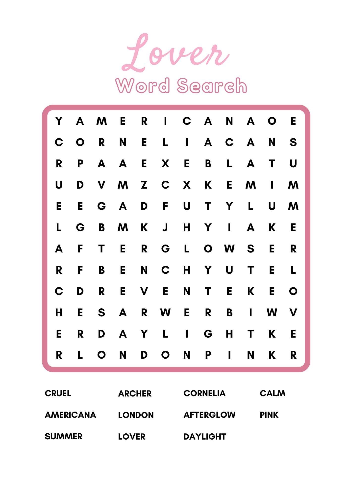 Taylor Swift Word Search Free Printable