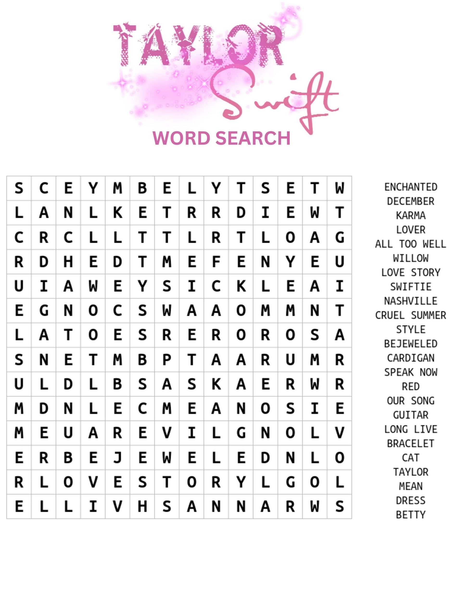 Taylor Swift Word Search Activity Page I Taylor Activity Page I Taylor Swift Word Search Activity Page I Taylor Activity Page I
