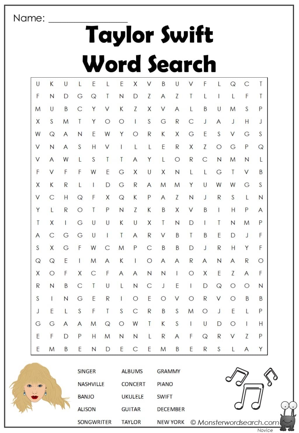 Taylor Swift Word Search Monster Word Search Taylor Swift Word Search Monster Word Search