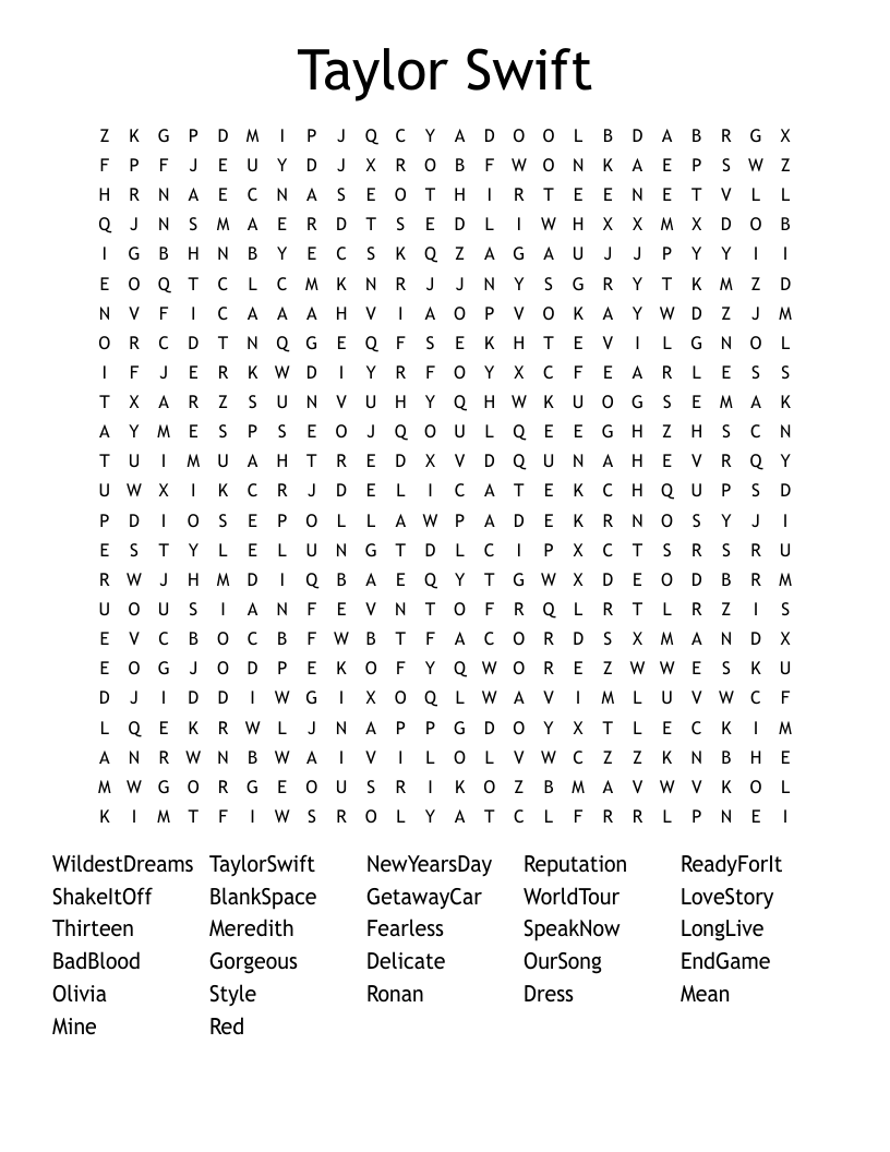 Taylor Swift Word Search WordMint Taylor Swift Word Search WordMint