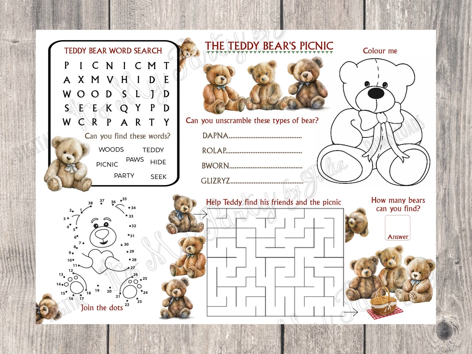 Teddy Bears Picnic Activity Games Puzzle Sheet Table Place Mat Digital Download Etsy UK