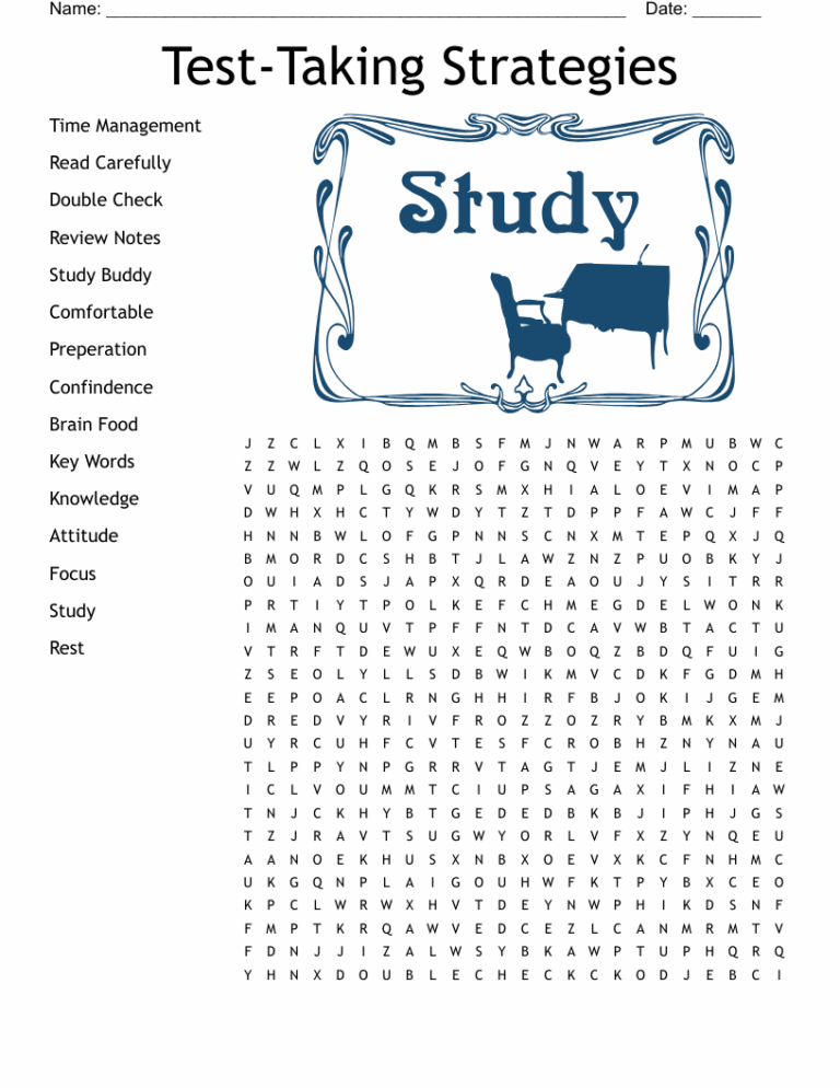 Test Taking Strategies Word Search WordMint