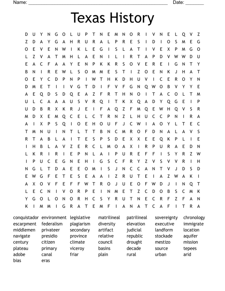 Texas History Word Search WordMint