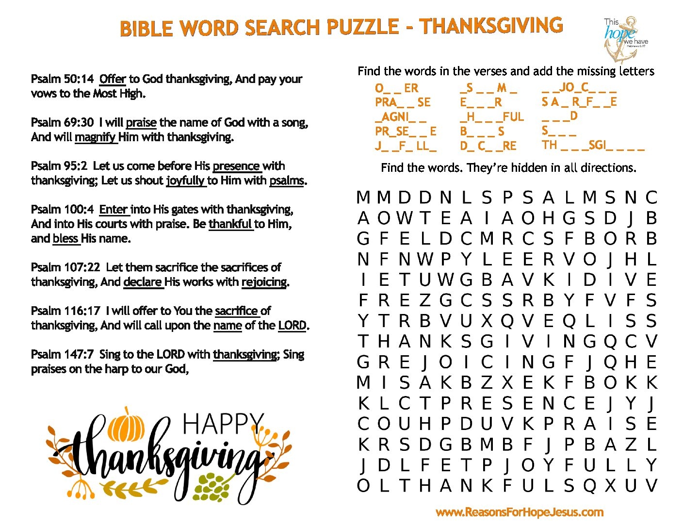Thanksgiving Word Search Puzzle Reasons For Hope Jesus Thanksgiving Word Search Puzzle Reasons For Hope Jesus