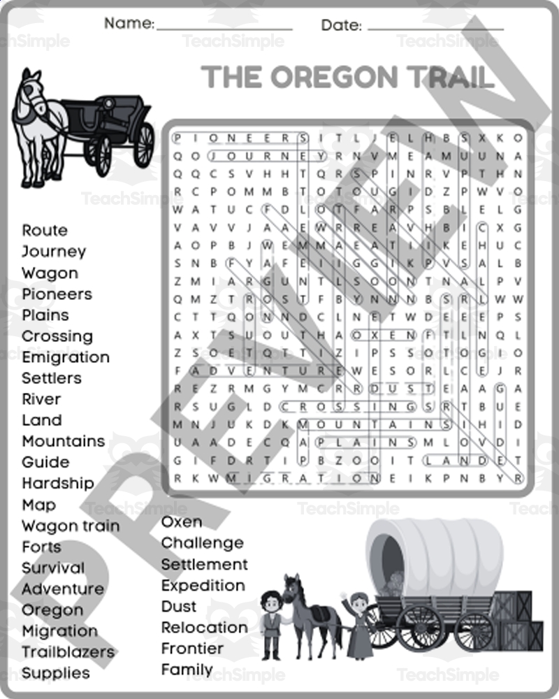 THE OREGON TRAIL Word Search Game Worksheet Activity 4th 5th 6th 7th