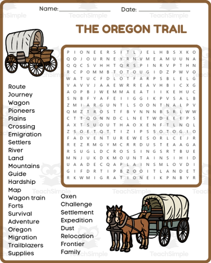THE OREGON TRAIL Word Search Game Worksheet Activity 4th 5th 6th 7th