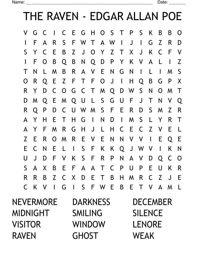 THE RAVEN EDGAR ALLAN POE Word Search WordMint THE RAVEN EDGAR ALLAN POE Word Search WordMint