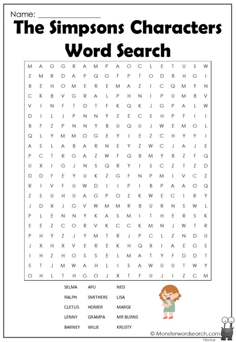 The Simpsons Characters Word Search Monster Word Search