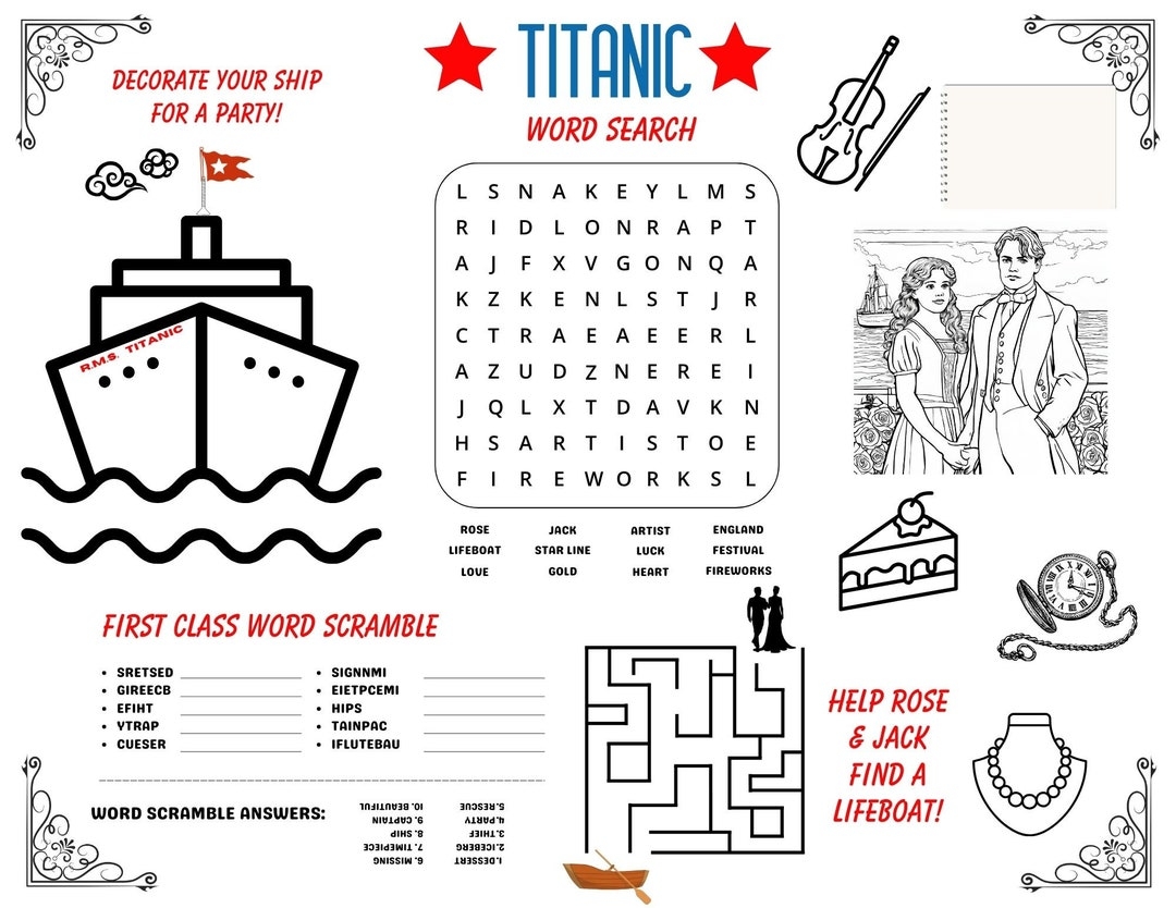 TITANIC KIDS Placemat Games activities TITANIC Coloring Wordsearch Word Scramble Passport boarding Pass For Role Playing Titanic Bday Etsy TITANIC KIDS Placemat Games activities TITANIC Coloring Wordsearch Word Scramble Passport boarding Pass For Role Playing Titanic Bday Etsy
