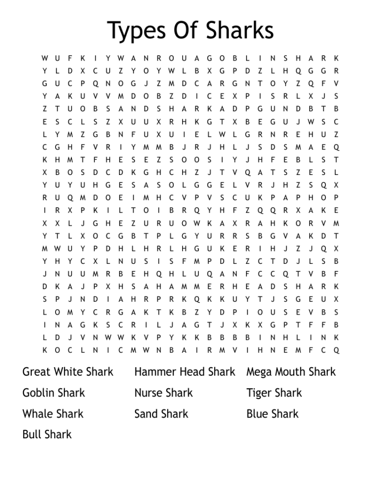 Types Of Sharks Word Search WordMint