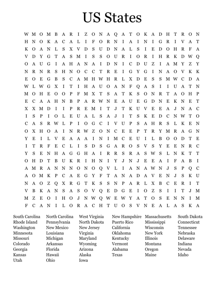 US States Word Search WordMint