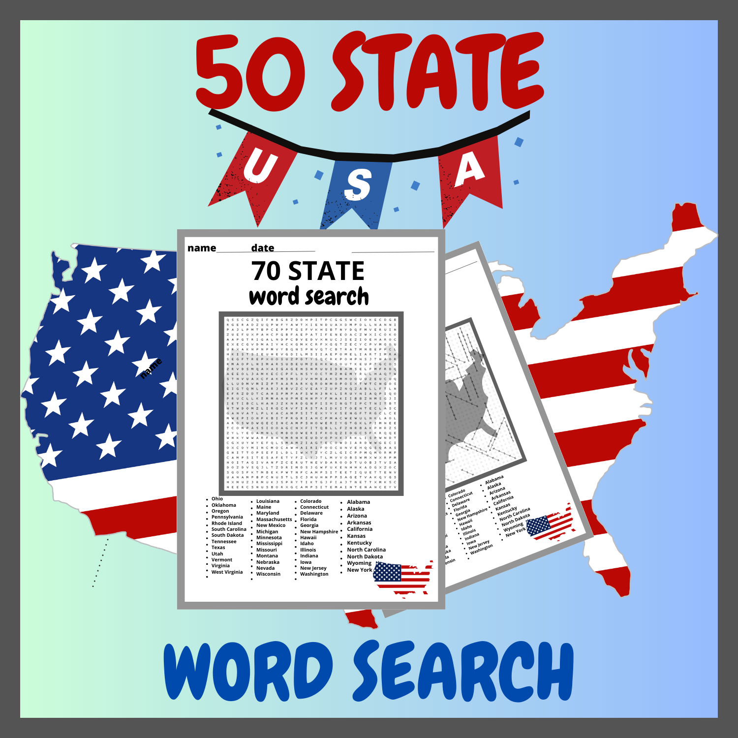 USA GEOGRAPHY Worksheet All 50 Fifty US States Word Search 