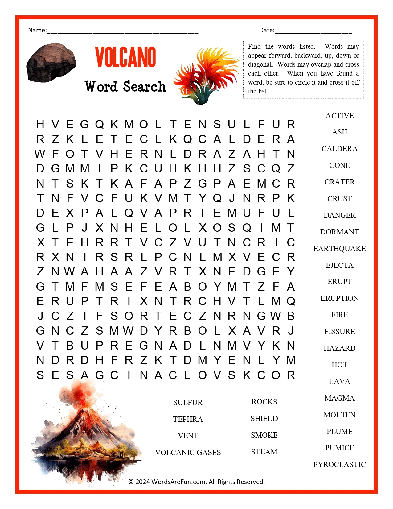 Volcano Word Search For Kids Volcano Word Search For Kids