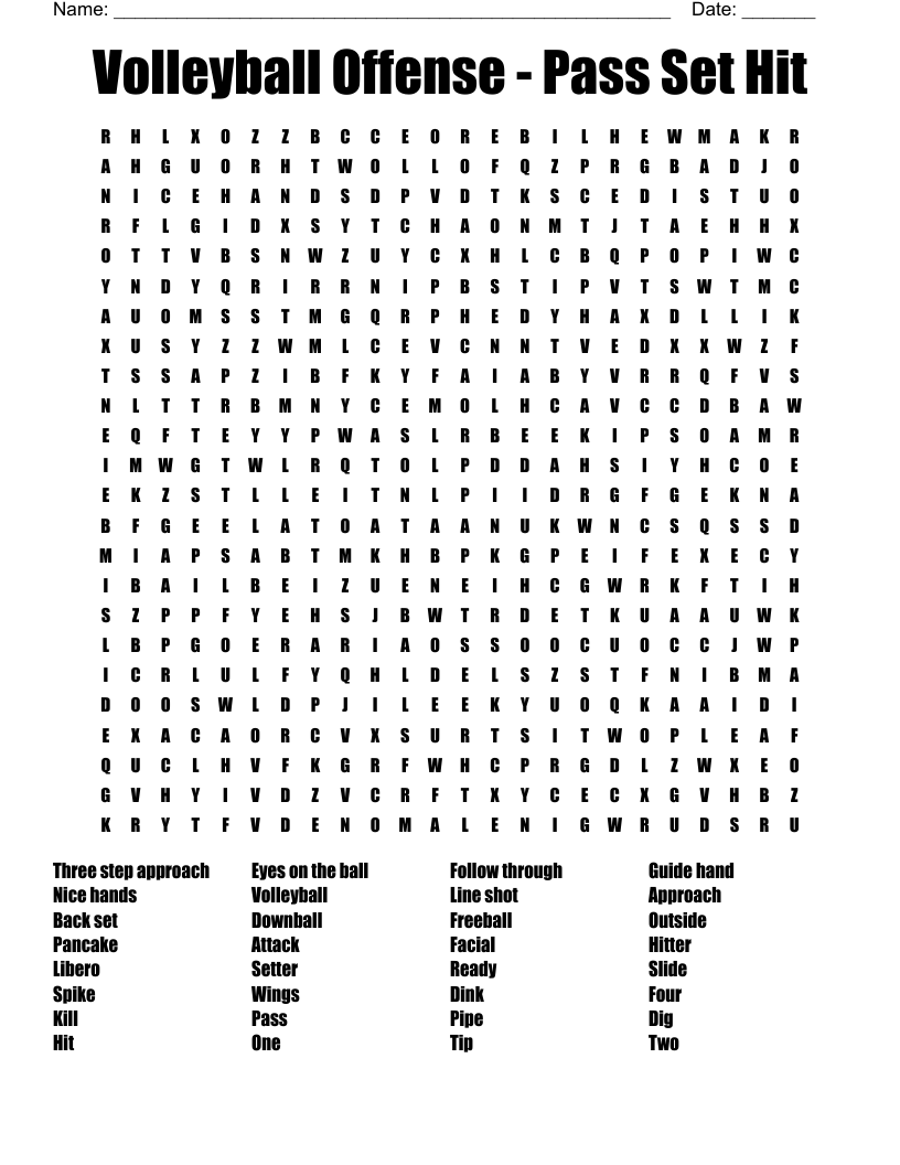 Volleyball Offense Pass Set Hit Word Search WordMint