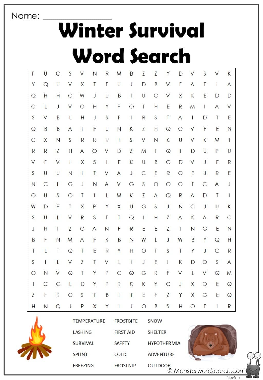 Winter Survival Word Search Monster Word Search Winter Survival Word Search Monster Word Search