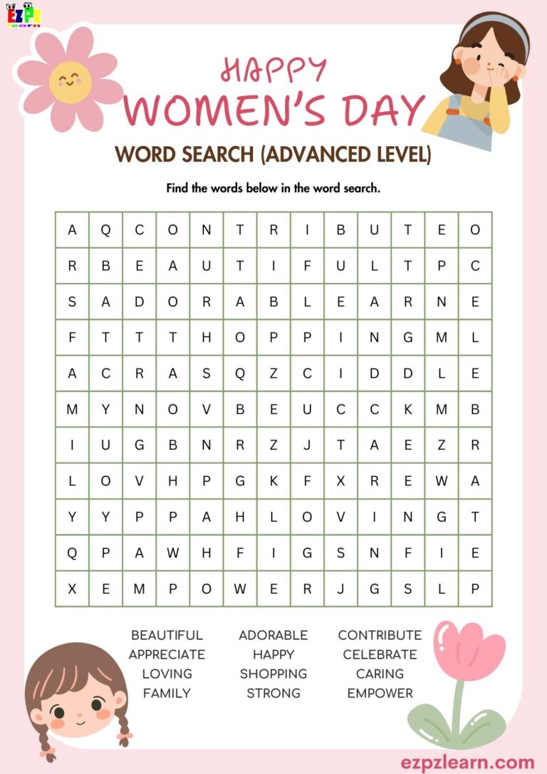Women s Day Word Search 12 Words For Kids Pdf Ezpzlearn