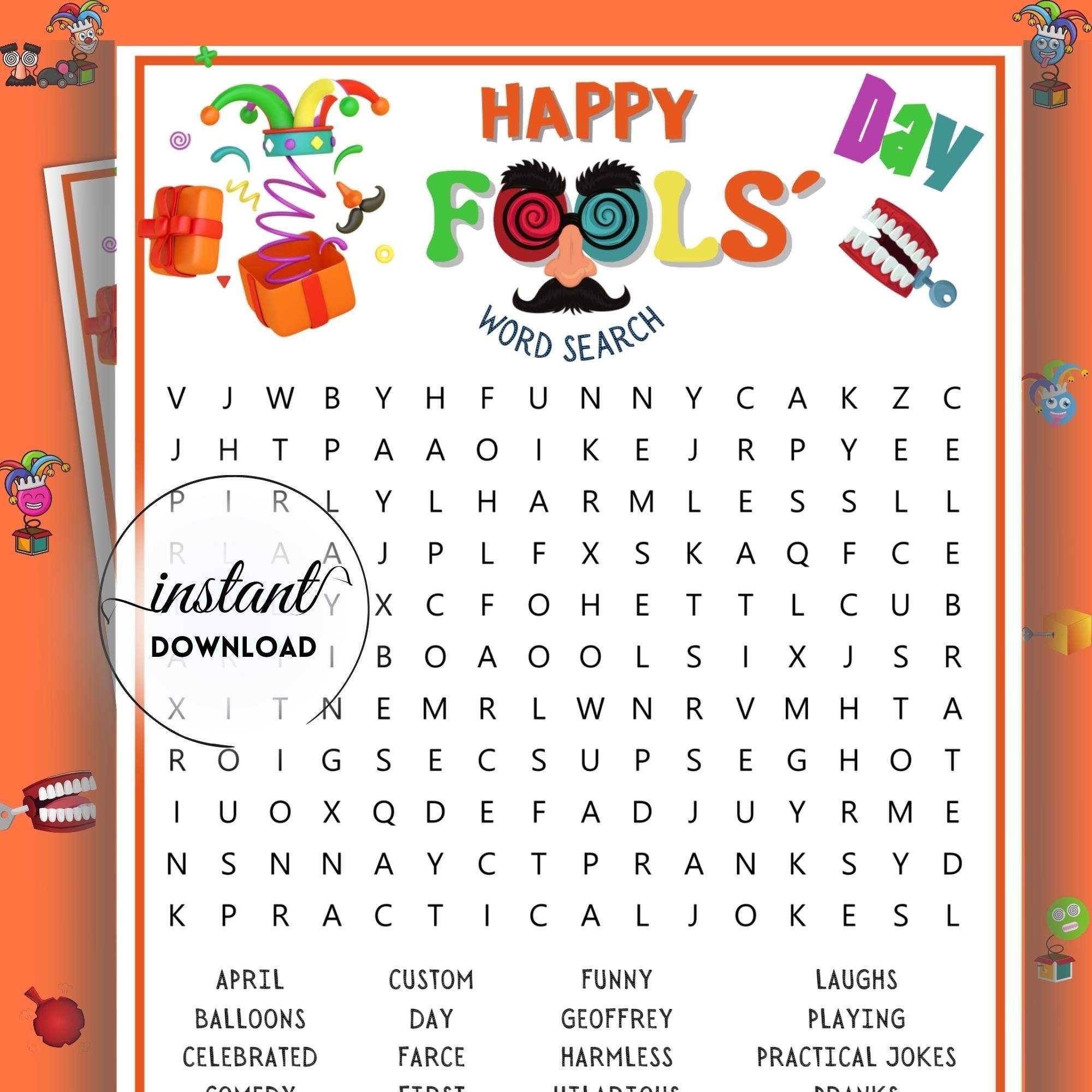 Word Search Printable Happy Fools Day Word Search Game April Fools Day Pranks Word Search April Fools Day Printable Spring Word Search Etsy