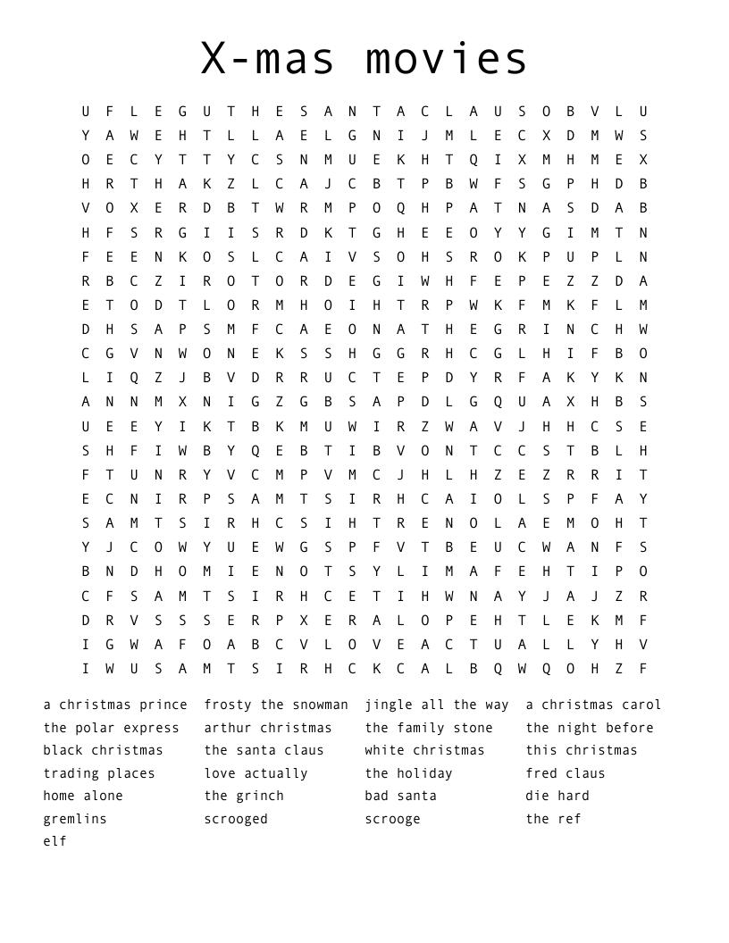 X mas Movies Word Search WordMint X mas Movies Word Search WordMint